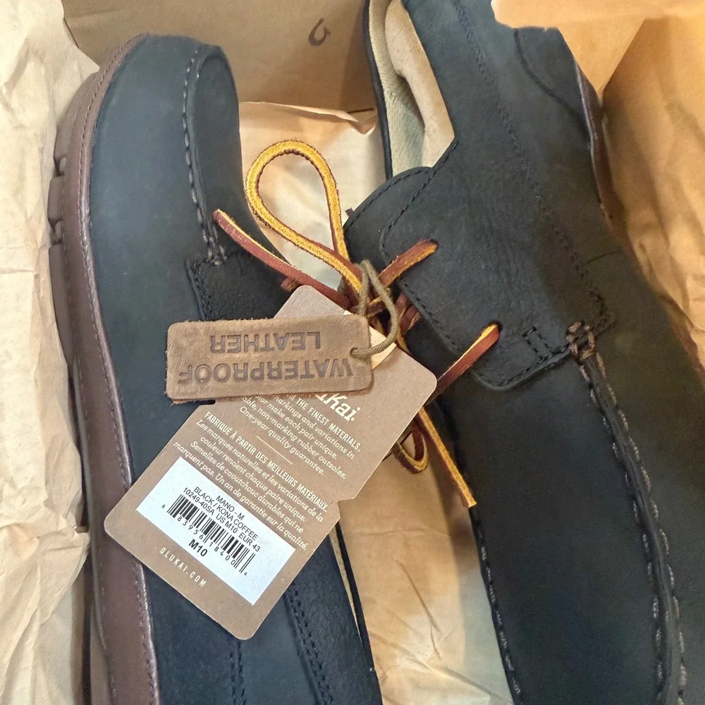 NEW OluKai Mano Black Kona Coffee Waterproof Leather Boat Shoes Mens 10